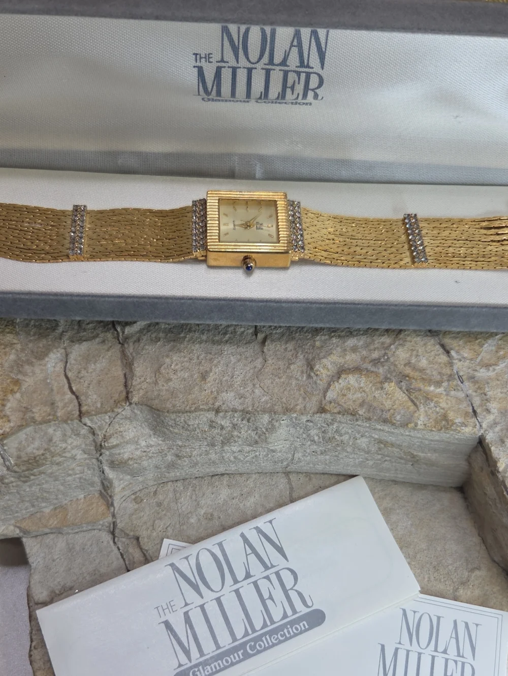Nolan Miller Gold Chain Bracelet Watch  Rhinestone Accents Blue Sapphire Crown
